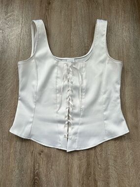 White Lace-Up Satin Corset Tank Top